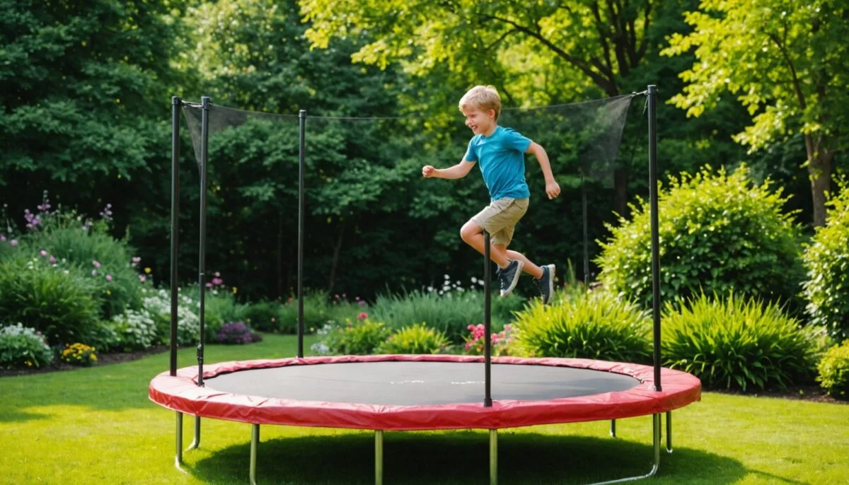 Trampoline de jardin installé avec des mesures de sécurité adaptées