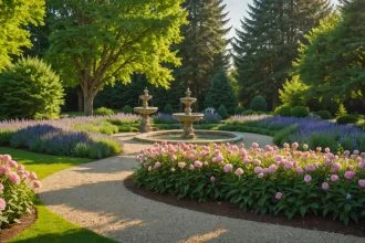 jardin bien aménagé avec allées et terrasses harmonieuses