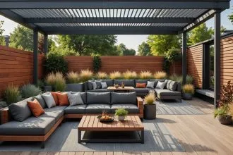 Pergola bioclimatique moderne dans un jardin contemporain