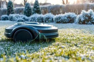 Robot tondeuse préparé pour l'hivernage dans un jardin automnal