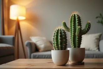 Cactus en pleine floraison sur un rebord de fenêtre ensoleillé