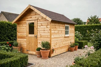 Abri de jardin en bois avec bardage pin naturel installé dans un jardin résidentiel français, avec allée en gravier et haies taillées