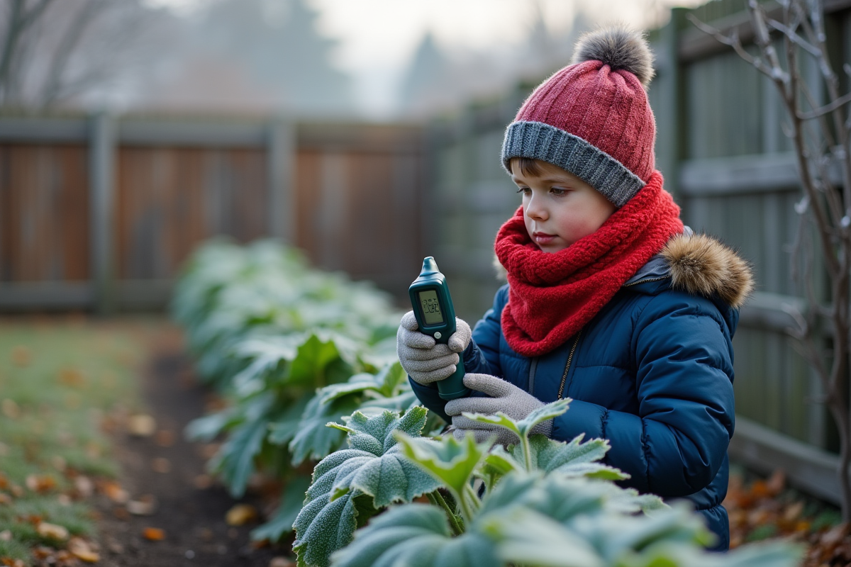 Adolescent vérifiant la température près de plants de concombre