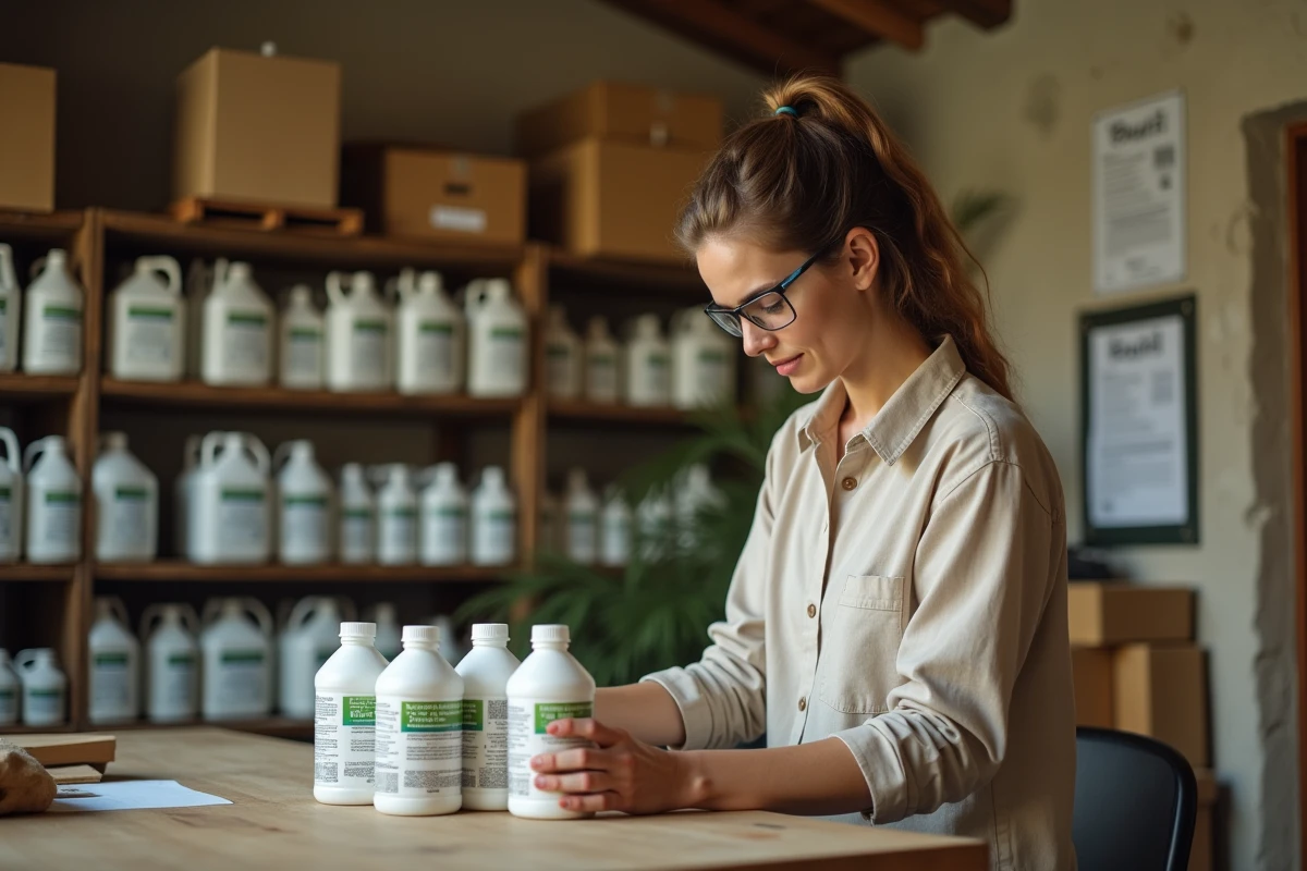 Agronome comparant des étiquettes réglementaires de produits cupriques dans une coopérative agricole