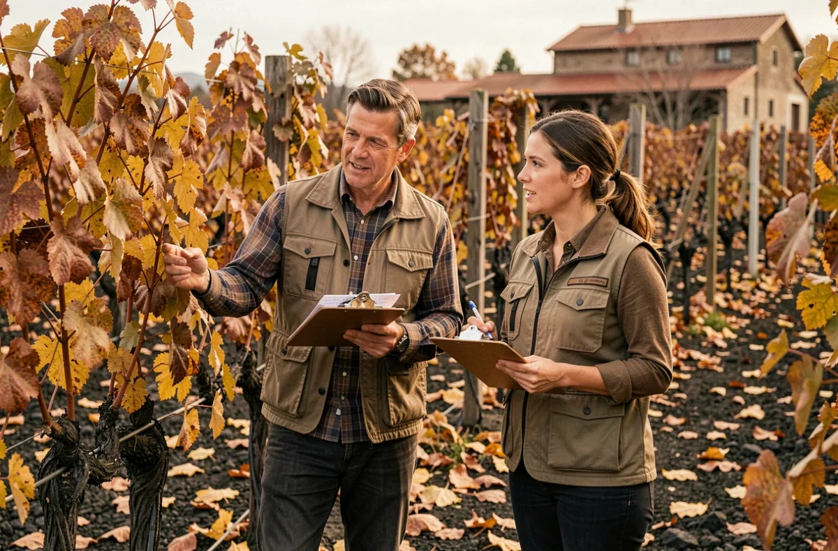 Deux agronomes viticoles discutant de l'adaptation de la taille de la vigne selon le sol volcanique en automne