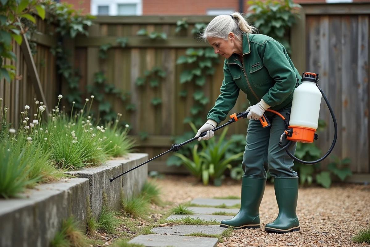 Femme utilisant un pulvérisateur à main pour appliquer un désherbant chimique sur les mauvaises herbes d'un jardin