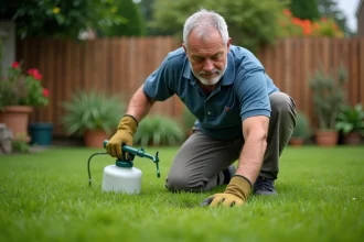 Homme appliquant un désherbant sélectif sur une pelouse verte avec un pulvérisateur à main dans un jardin suburban