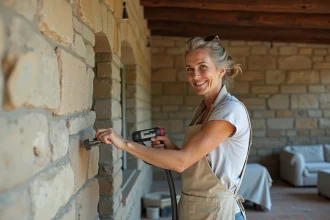 Femme appliquant une peinture sans air sur un vieux mur en pierre dans une maison ancienne rénovée