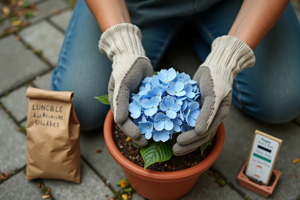 Mains de jardinière ajoutant du sulfate d'aluminium autour d'un hortensia en pot pour corriger le pH du sol