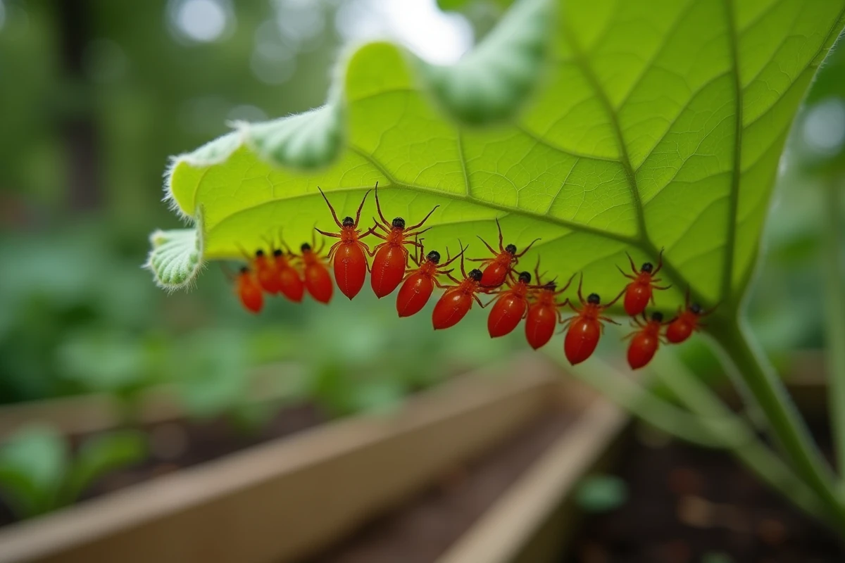Araignées rouges et acariens sur feuille de plante de jardin, vue macro réaliste de petites bestioles nuisibles