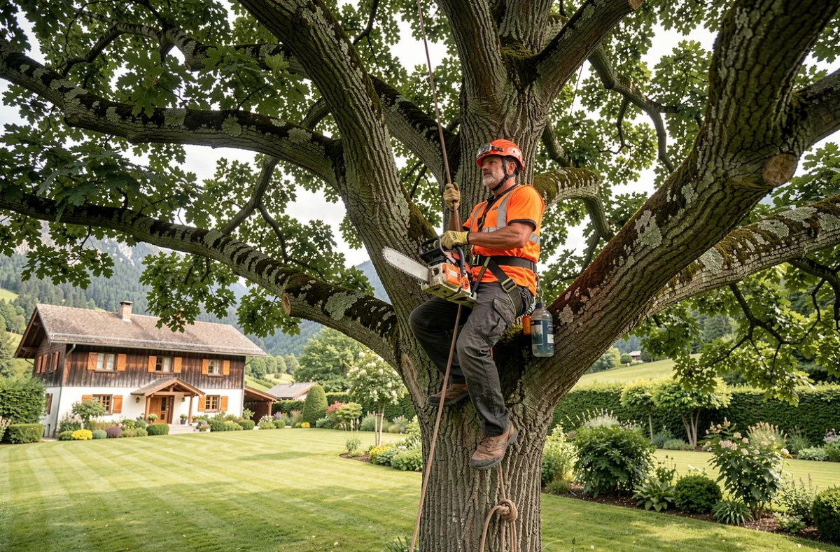 Arbori'Sim, arboriste en harnais et casque effectuant une taille en hauteur dans le houppier d'un grand chêne sur un domaine en Haute-Savoie