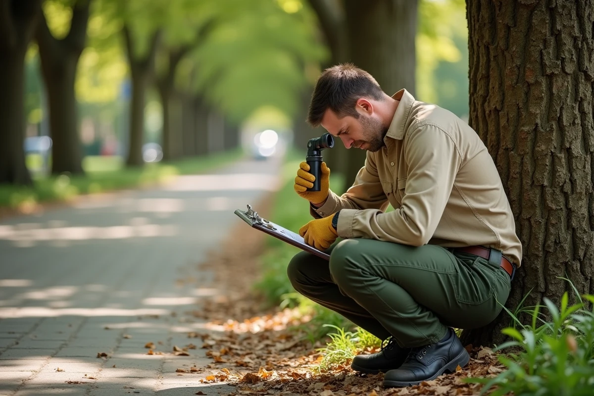 Arboriste professionnel inspectant un platane malade pour diagnostiquer un chancre coloré en milieu urbain