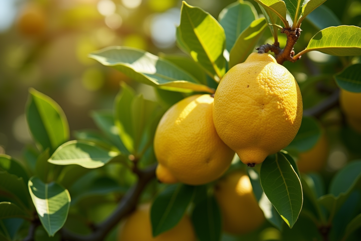 Raisin d'un arbre citronnier avec feuilles jaunes et vertes en plein soleil