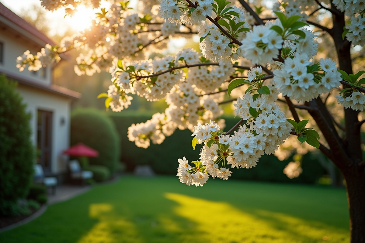 Arbre en fleurs blanches en pleine floraison dans un jardin lumineux