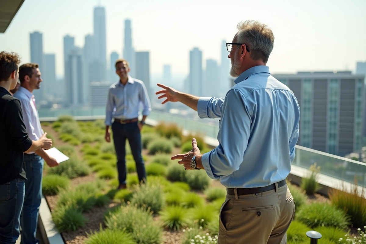 Architecte montrant un toit vert à ses collègues sur un balcon