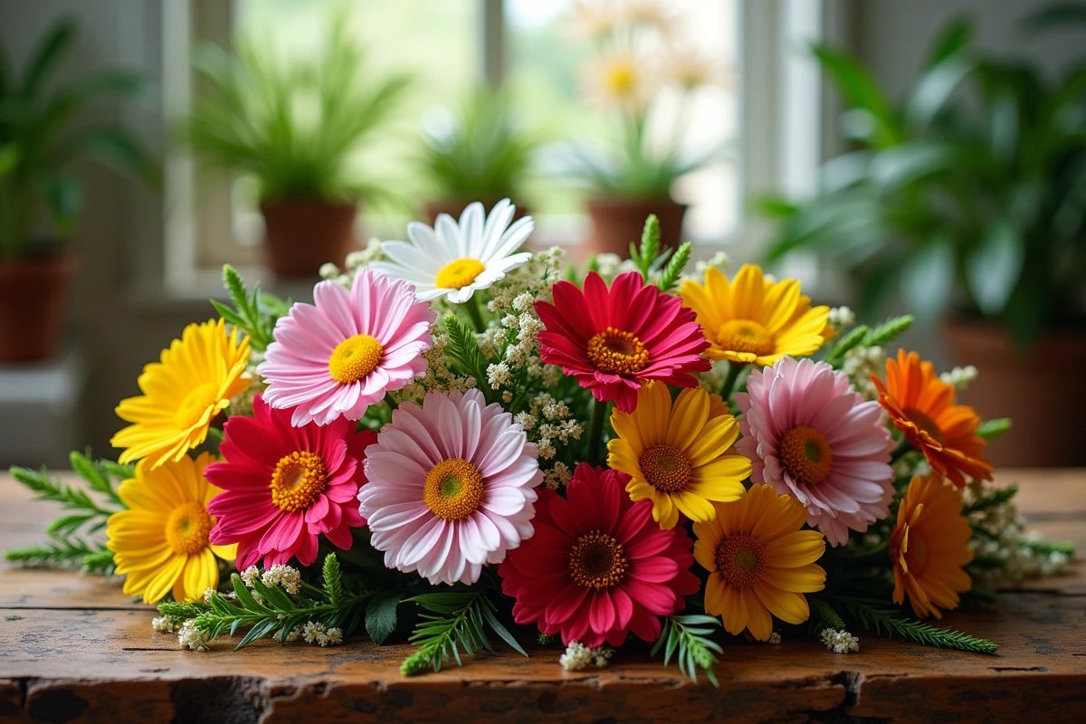 Arrangement de waxflowers sur une table en bois vue de dessus