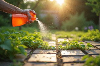 Personne arrosant les mauvaises herbes avec un spray naturel