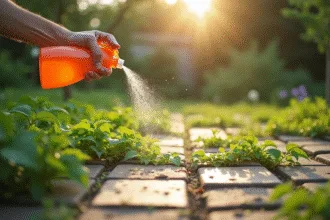 Personne arrosant les mauvaises herbes avec un spray naturel