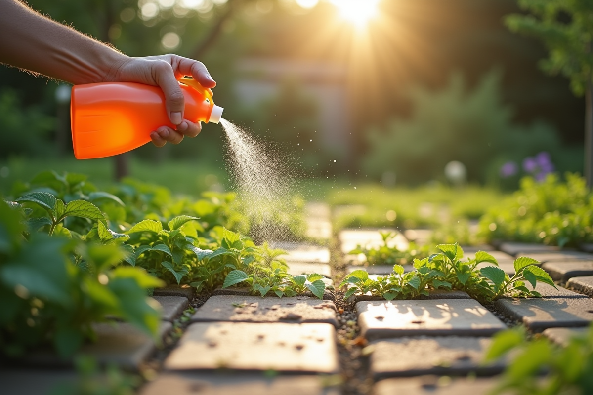 Personne arrosant les mauvaises herbes avec un spray naturel