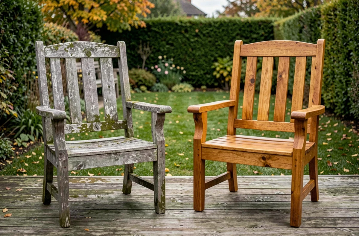 Comparaison entre un fauteuil de jardin en bois vieilli non traité et un fauteuil restauré après application d'huile de protection