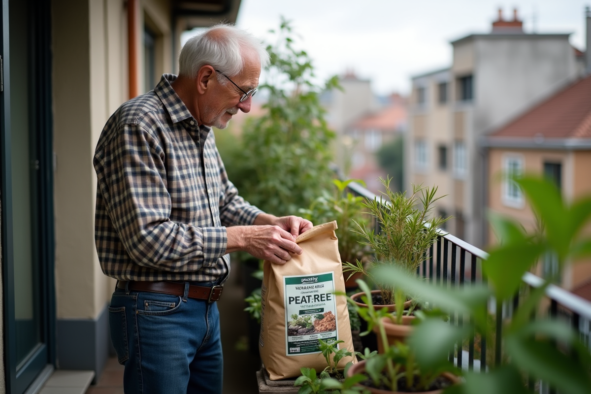 Homme âgé lisant une étiquette de compost sur un balcon urbain