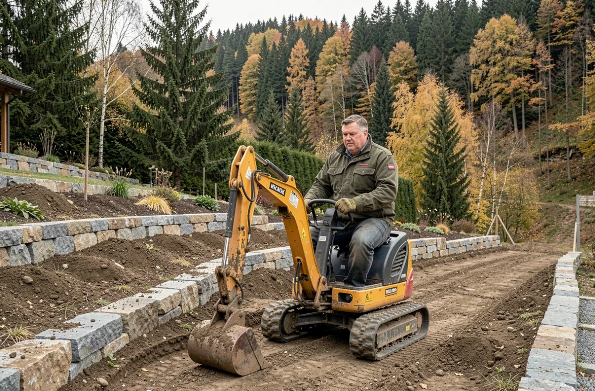 Berod Christophe, entrepreneur paysagiste opérant une mini-pelle sur un chantier de terrasse en pierre en Haute-Savoie avec arbres en couleurs automnales
