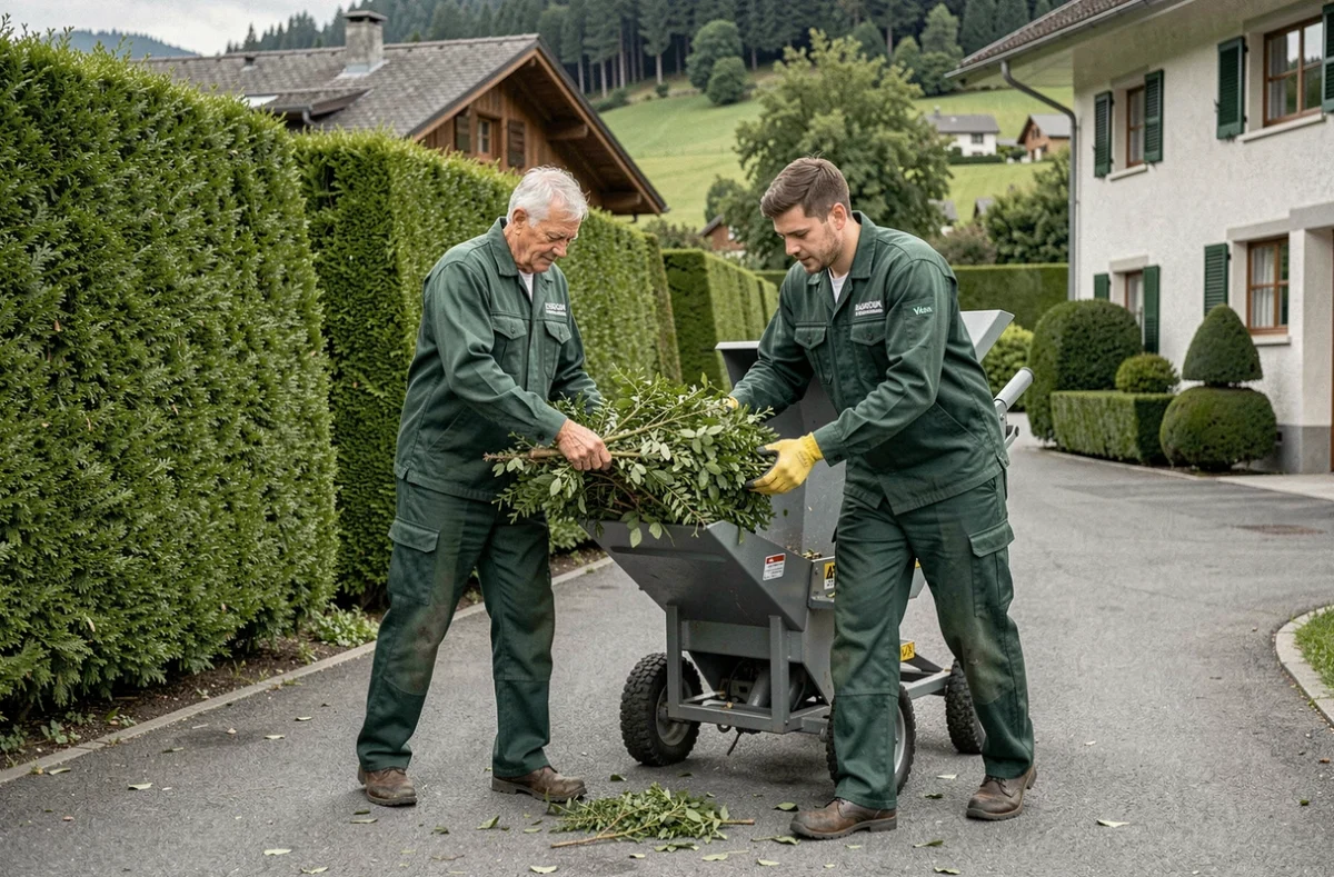 BGS Père et Fils Services, deux paysagistes en uniforme vert chargeant des déchets de taille dans un broyeur devant une haie de charmes taillée dans un village de Haute-Savoie