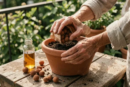 Mains versant des billes d'argile dans un pot en terre cuite avec engrais liquide posé sur une table de rempotage en bois