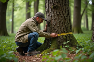 Biologiste forestier mesurant un chêne dans la forêt