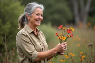 Femme botaniste tenant un brin de waxflower dans un jardin australien
