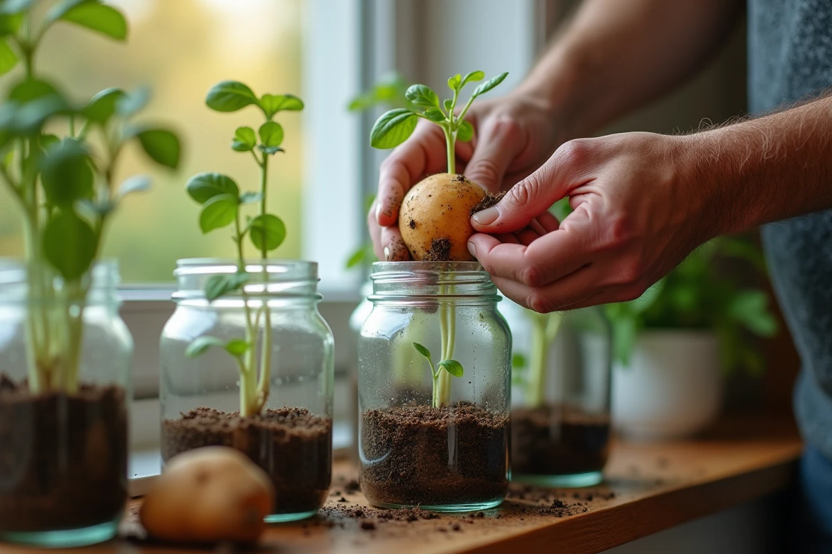 Bouturage de patates douces dans des bocaux en verre sur un rebord de fenêtre ensoleillé