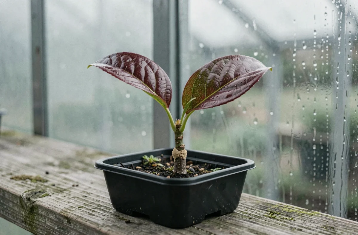 Gros plan sur une bouture de photinia en godets avec hormones d'enracinement dans une serre
