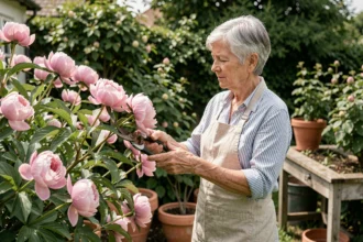Femme réalisant une bouture de pivoine arbustive sans hormone dans un jardin de cottage verdoyant