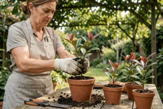 Femme jardinière bouturant un photinia dans un pot en terre cuite à l'ombre d'un jardin