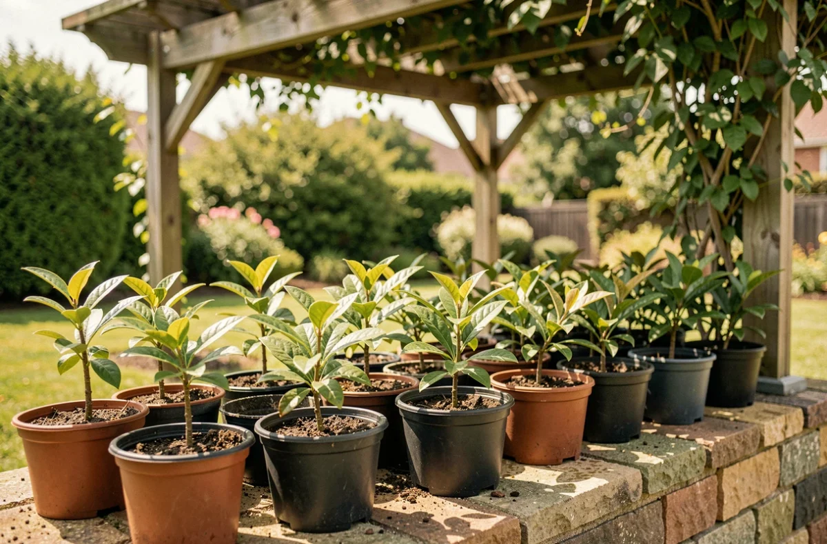 Boutures de photinia en pots alignées au soleil et à l'ombre sur un muret de jardin
