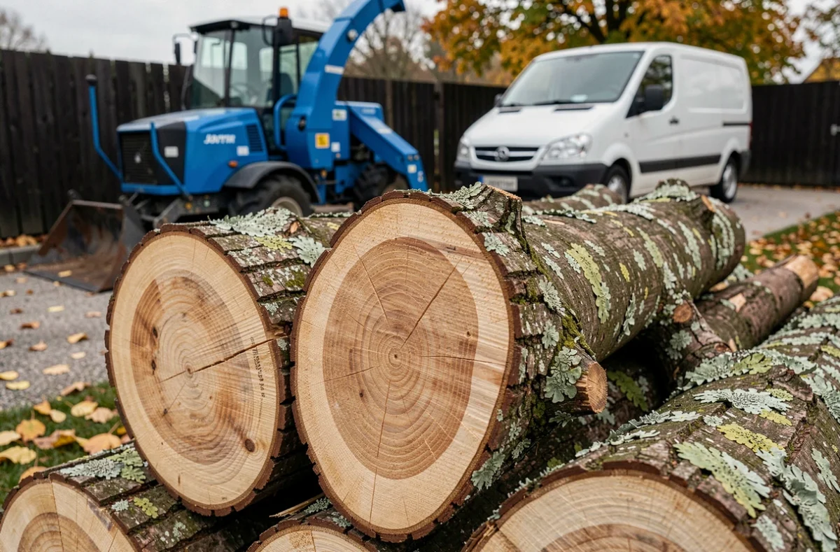 Gros plan sur des branches fraîchement élaguées empilées avec un broyeur professionnel en arrière-plan