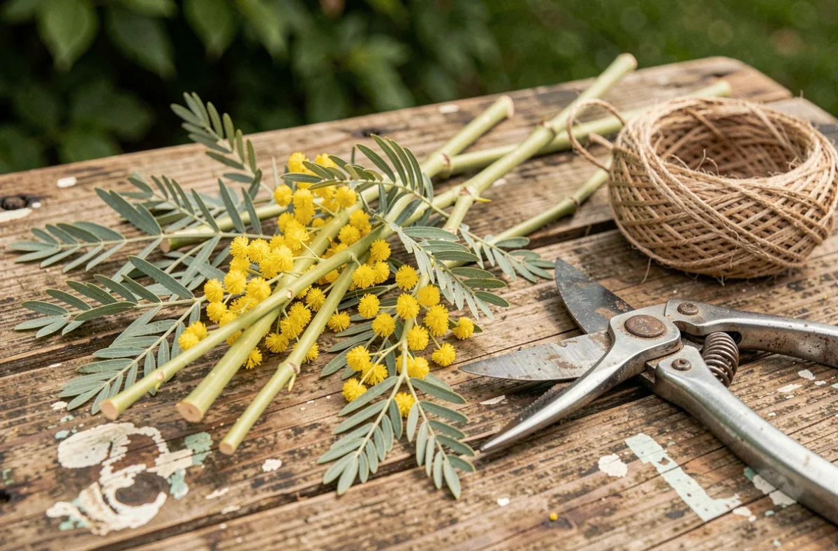 Gros plan de branches de mimosa fraîchement taillées posées sur un établi en bois avec un sécateur et de la ficelle de jardin