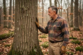 Bûcheron expérimenté évaluant la maturité d'un chêne en forêt avant abattage pour la production de planches