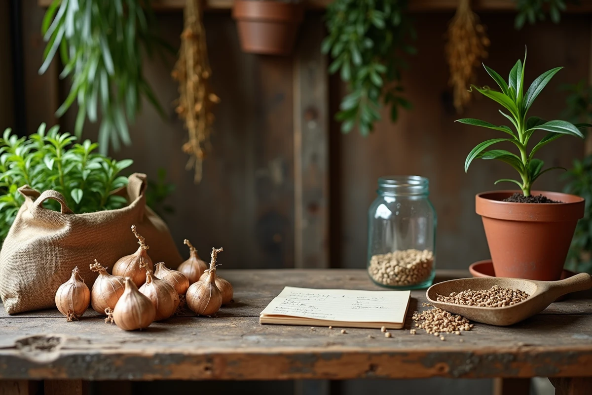Bulbes de lys, engrais à libération lente et outils de jardinage sur un établi de serre rustique