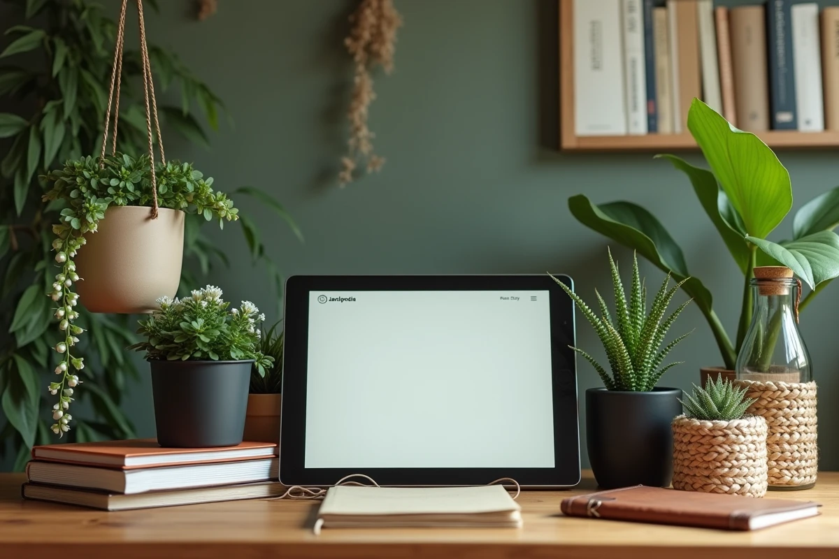 Bureau à domicile avec tablette affichant une application de soin des plantes entourée de plantes d'intérieur variées