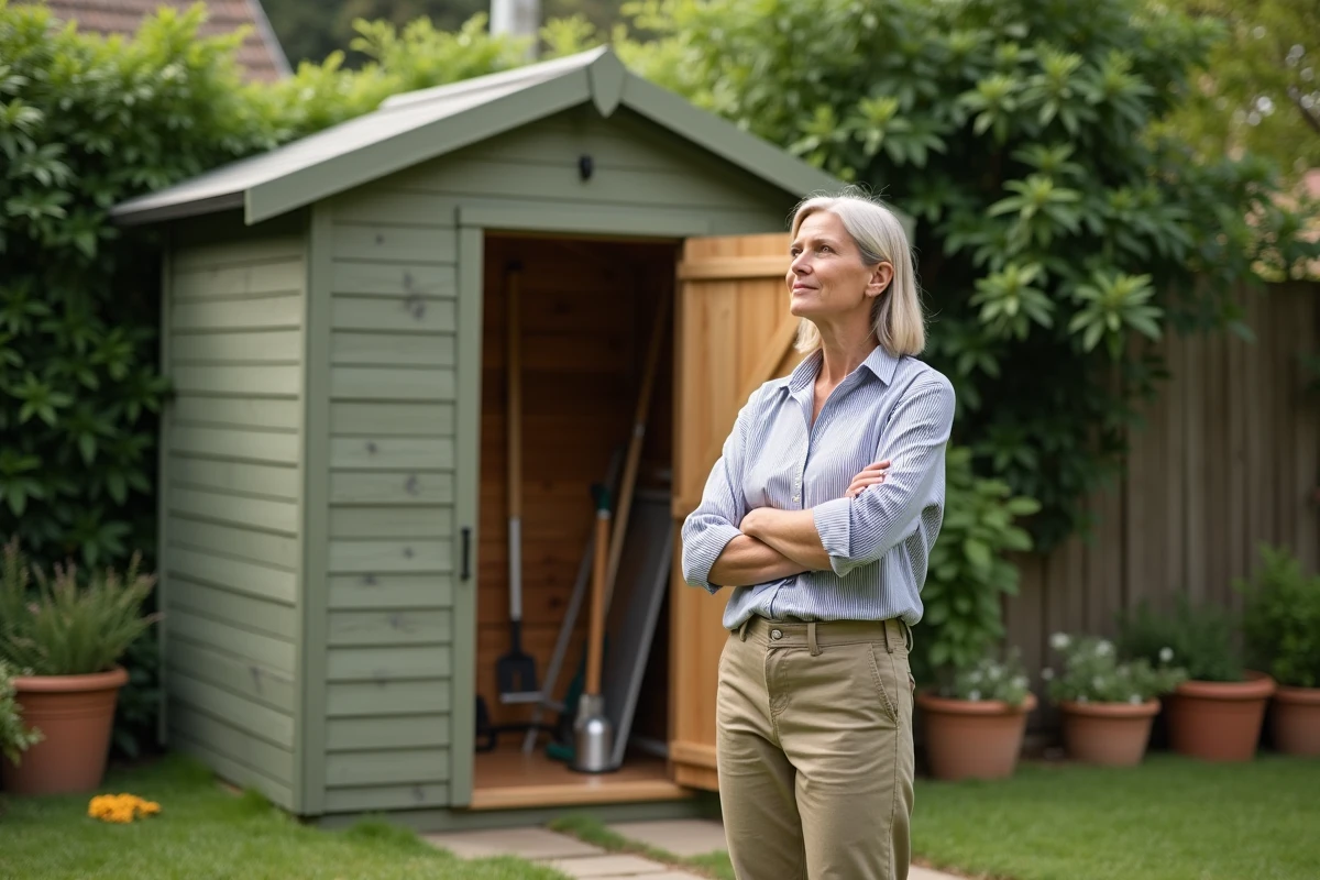 Femme inspectant un petit cabanon en bois assemblé dans un jardin suburban français