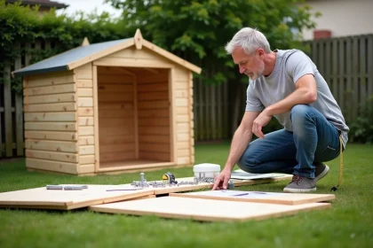 Homme assemblant un cabanon de jardin vendu en kit dans une boutique discount, pièces étalées sur la pelouse