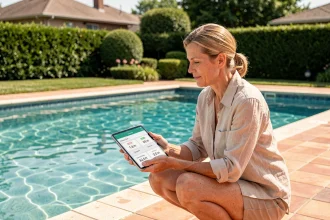 Femme utilisant une calculatrice m3 piscine sur tablette au bord d'une piscine familiale rectangulaire dans un jardin suburban
