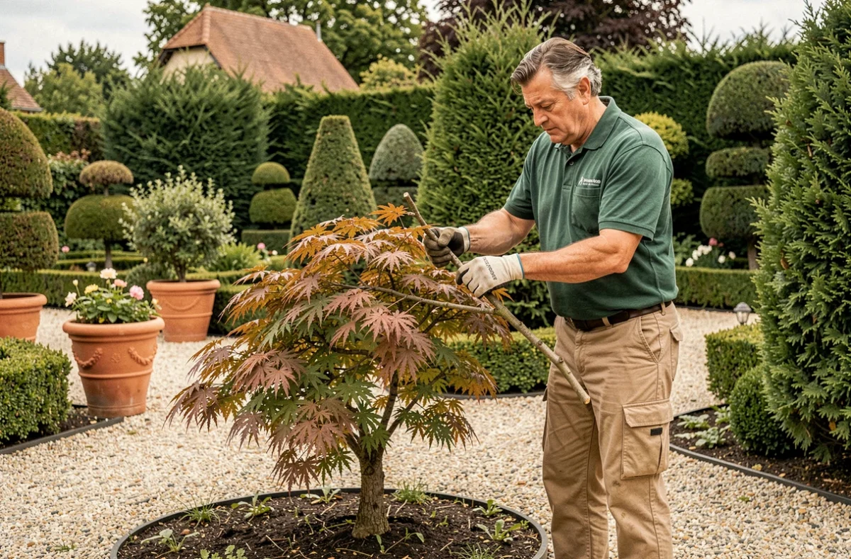 Paysagiste de Casanova France arrangeant des branches taillées près d'un érable du Japon dans un jardin ornemental de banlieue parisienne