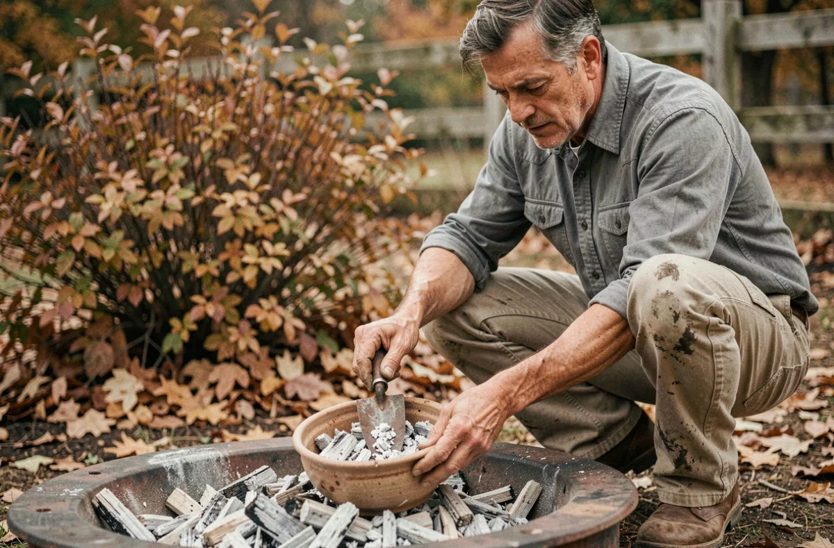 Jardinier récoltant des cendres de bois refroidies d'un foyer extérieur pour amendement du sol