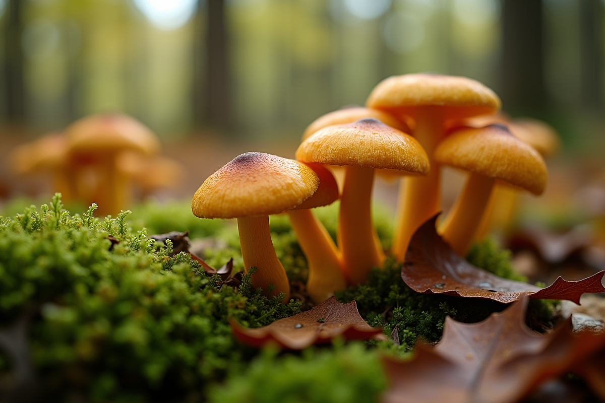 Champignons chanterelle parmi la mousse verte
