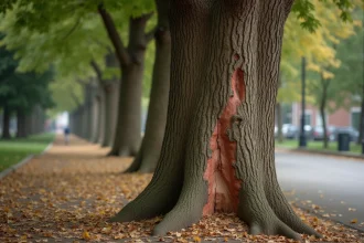 Tronc de platane atteint du chancre coloré avec des lésions brunes et une écorce décollée dans un parc urbain