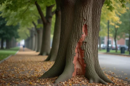 Tronc de platane atteint du chancre coloré avec des lésions brunes et une écorce décollée dans un parc urbain