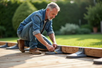 Charpentier mesurant l'espace entre supports en plastique