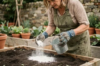 Jardinière ajoutant de la chaux agricole sur un potager avec sol sombre et bacs en bois